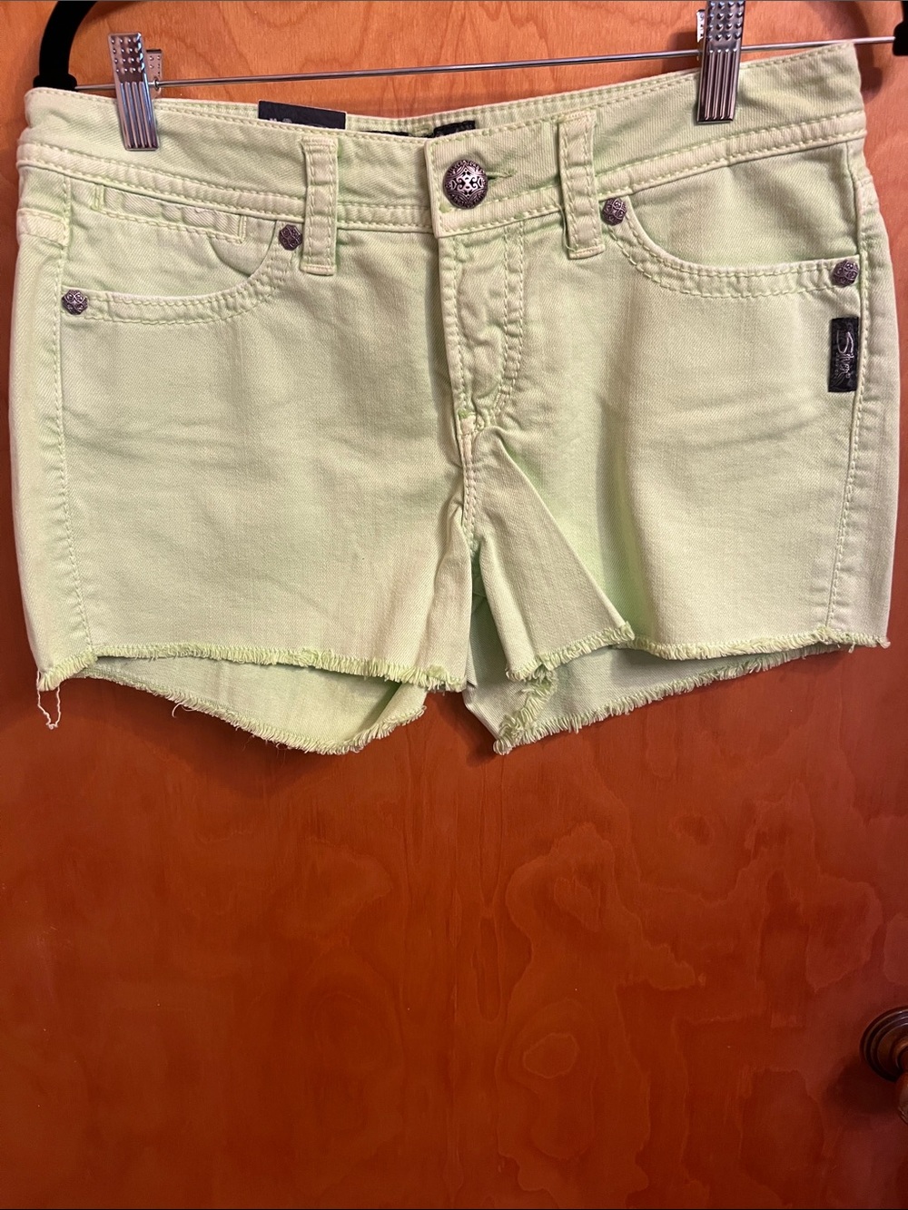 NWT Silver Jeans Lime Green Denim Cutoff Shorts Toni Flaps Waist 29